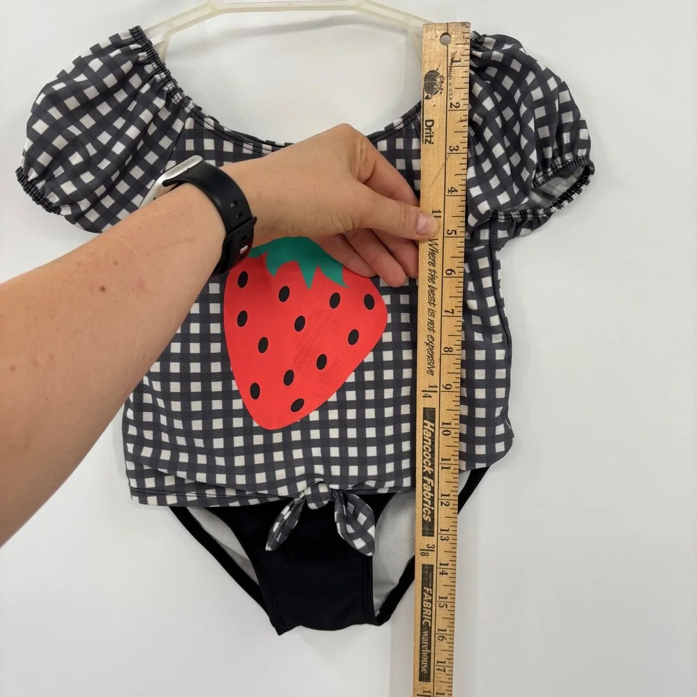 Cat & Jack Swimsuit Toddler 5T Black Gingham Strawberry One Piece Puff Sleeve